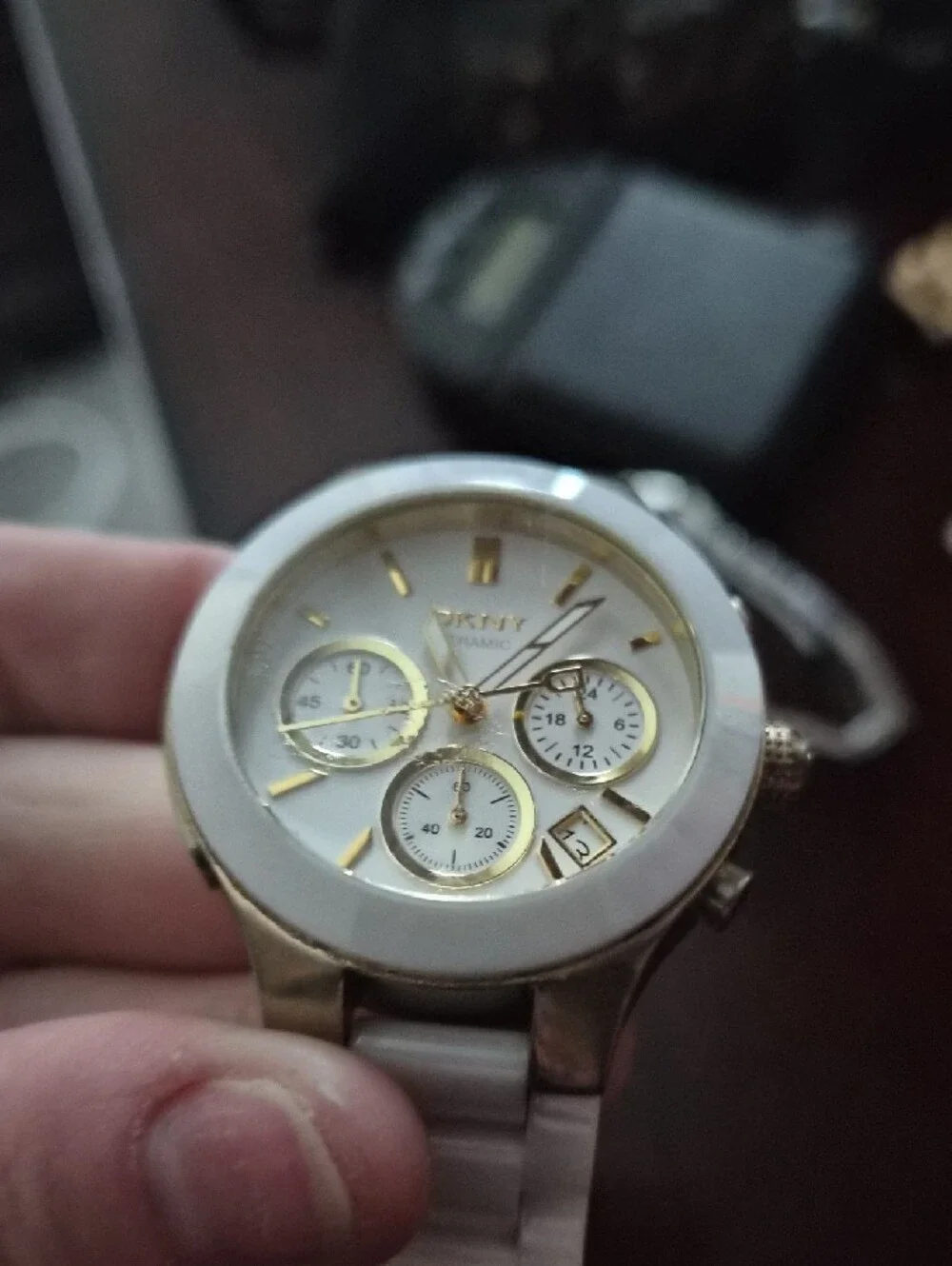 DKNY White Ceramic Chronograph Watch with Gold Accents
